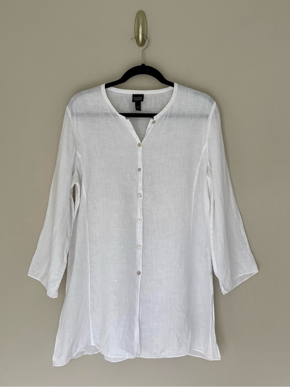 Eileen Fisher Irish Linen Tunic White Mother of Pearl Buttons Classy Elevated L